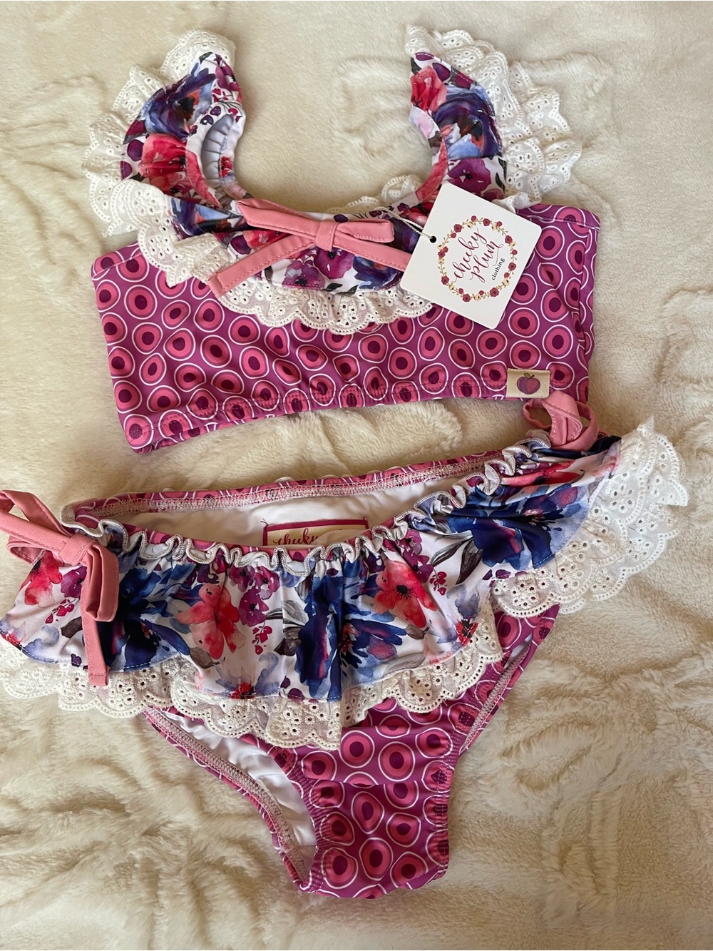 cheeky plum Pink Floral Ruffle Kids Bikini size 6 new